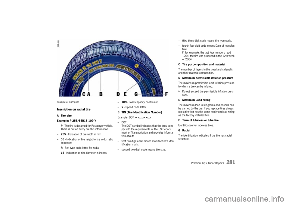 PORSCHE CAYNNE TURBO 2005 1.G Owners Manual Practical Tips, Minor Repairs
281
Example of InscriptionInscription on radial tireATire size
Example: P 255/55R18 109 Y
–P - The tire is designed for Passenger vehicle.
There is not on every tire t PORSCHE CAYNNE TURBO 2005 1.G Owners Manual Practical Tips, Minor Repairs
281
Example of InscriptionInscription on radial tireATire size
Example: P 255/55R18 109 Y
–P - The tire is designed for Passenger vehicle.
There is not on every tire t