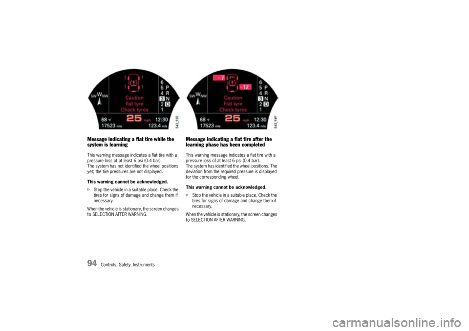 PORSCHE CAYNNE TURBO 2005 1.G Owners Manual 94
Controls, Safety, Instruments
Message indicating a flat tire while the
system is learningThis warning message indicates a flat tire with a
pressure loss of at least 6 psi (0.4 bar).
The system ha PORSCHE CAYNNE TURBO 2005 1.G Owners Manual 94
Controls, Safety, Instruments
Message indicating a flat tire while the
system is learningThis warning message indicates a flat tire with a
pressure loss of at least 6 psi (0.4 bar).
The system ha