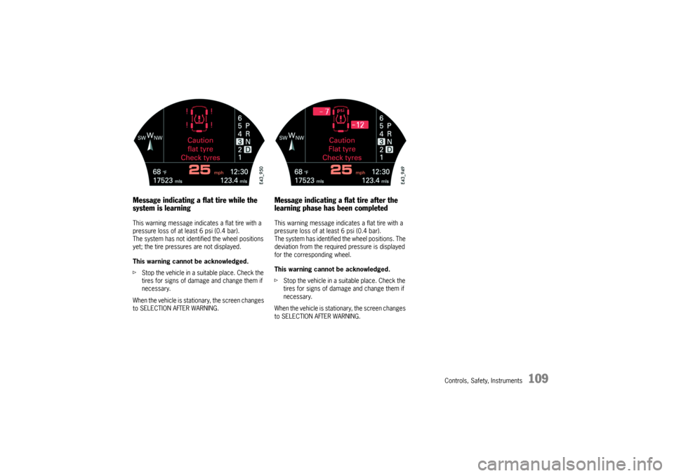 PORSCHE CAYNNE TURBO 2006 1.G Owners Manual Controls, Safety, Instruments
109
Message indicating a flat tire while the
system is learningThis warning message indicates a flat tire with a
pressure loss of at least 6 psi (0.4 bar).
The system h PORSCHE CAYNNE TURBO 2006 1.G Owners Manual Controls, Safety, Instruments
109
Message indicating a flat tire while the
system is learningThis warning message indicates a flat tire with a
pressure loss of at least 6 psi (0.4 bar).
The system h