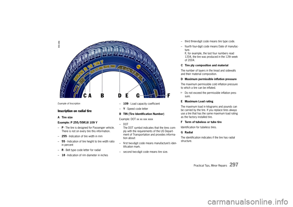 PORSCHE CAYNNE TURBO 2006 1.G Owners Manual Practical Tips, Minor Repairs
297
Example of InscriptionInscription on radial tireATire size
Example: P 255/55R18 109 Y
–P - The tire is designed for Passenger vehicle. 
There is not on every tire t