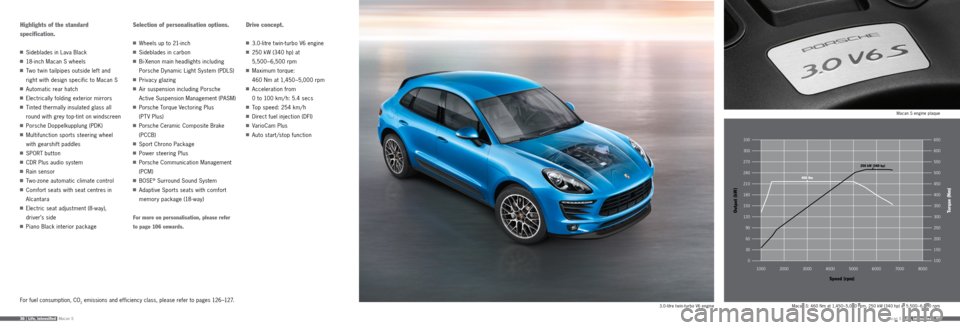 PORSCHE MACAN 2015 1.G Information Manual Macan S36 |   Life,  intensifiedMacan  S  Life,  intensified | 37
Highlights of the standard 
specification.
 Sideblades in Lava Black
 18-inch Macan S wheels
   Two twin tailpipes outside left and 
r