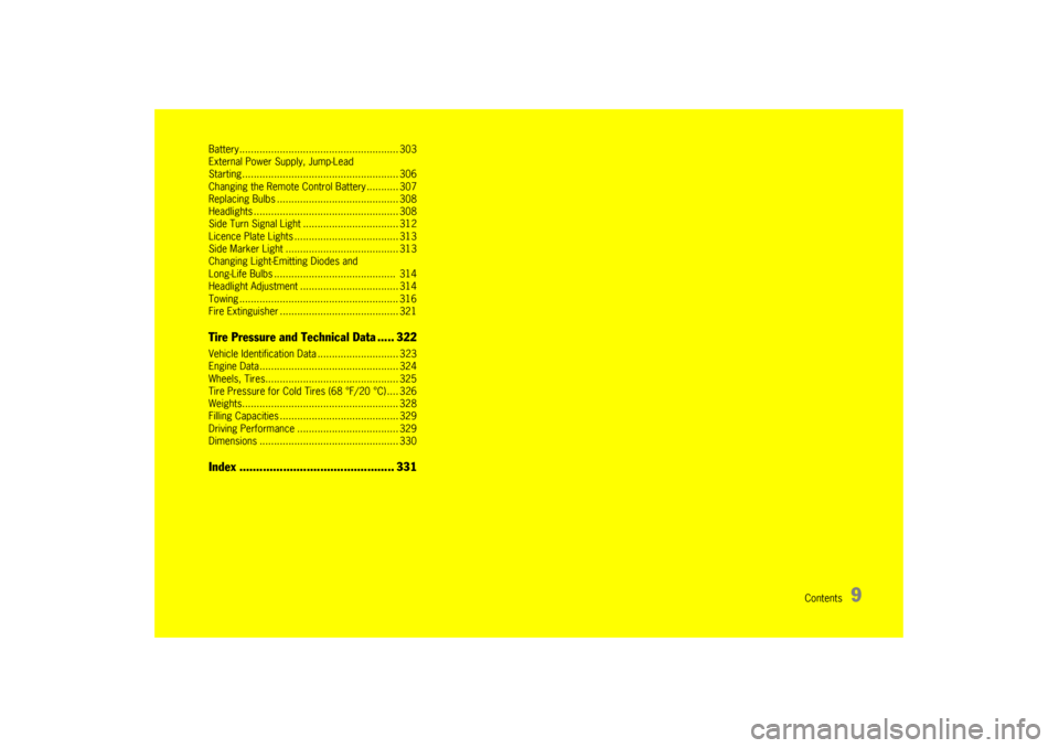 PORSCHE PANAMERA 2010 1.G Owners Manual Contents
9
Battery....................................................... 303
External Power Supply, Jump-Lead
Starting...................... ................................ 306
Changing the Remote C