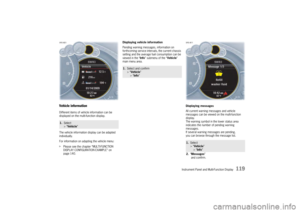 PORSCHE PANAMERA 2010 1.G Owners Manual Instrument Panel and Multi-Function Display
119
Vehicle informationDifferent items of vehicle information can be 
displayed on the multi-function display.
The vehicle information display can be adapte