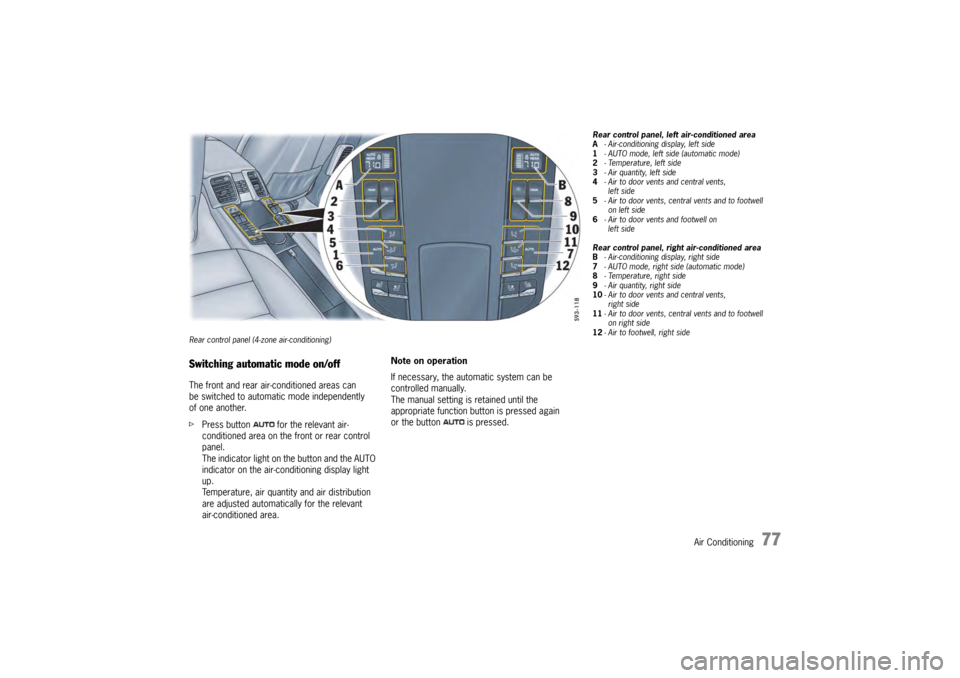 PORSCHE PANAMERA 2010 1.G Manual PDF Air Conditioning
77
Rear control panel (4-zone air-conditioning)Switching automatic mode on/offThe front and rear air-conditioned areas can 
be switched to automatic mode independently 
of one another