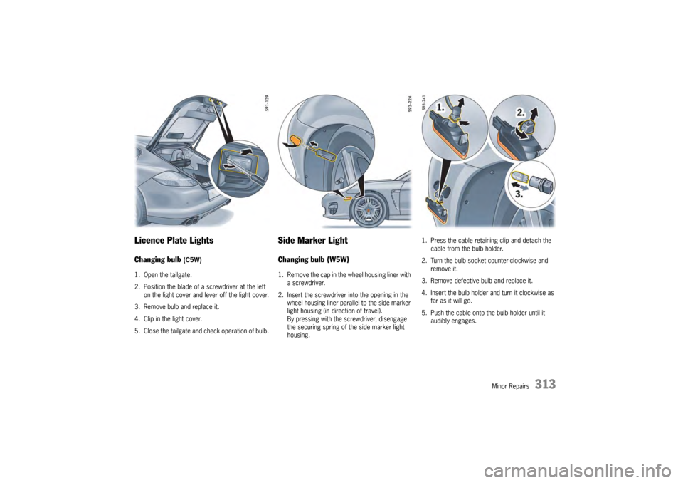 PORSCHE PANAMERA 2009 1.G Information Manual Minor Repairs
313
Licence Plate LightsChanging bulb 
(C5W) 
1. Open the tailgate.
2. Position the blade of a screwdriver at the left  on the light cover and lever off the light cover.
3. Remove bulb a