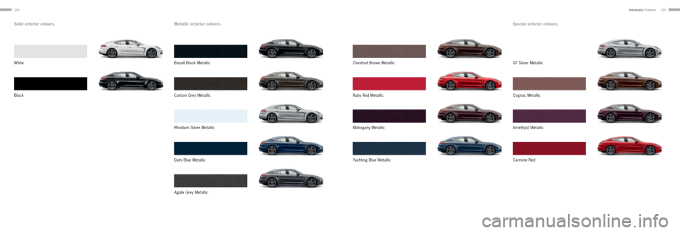 PORSCHE PANAMERA 2013 1.G Information Manual 114115
White
Black
Metallic exterior colours.
Agate Grey Metallic Basalt Black Metallic
Dark Blue Metallic Rhodium Silver Metallic
Carbon Grey Metallic
Mahogany Metallic
Yachting Blue MetallicAmethyst