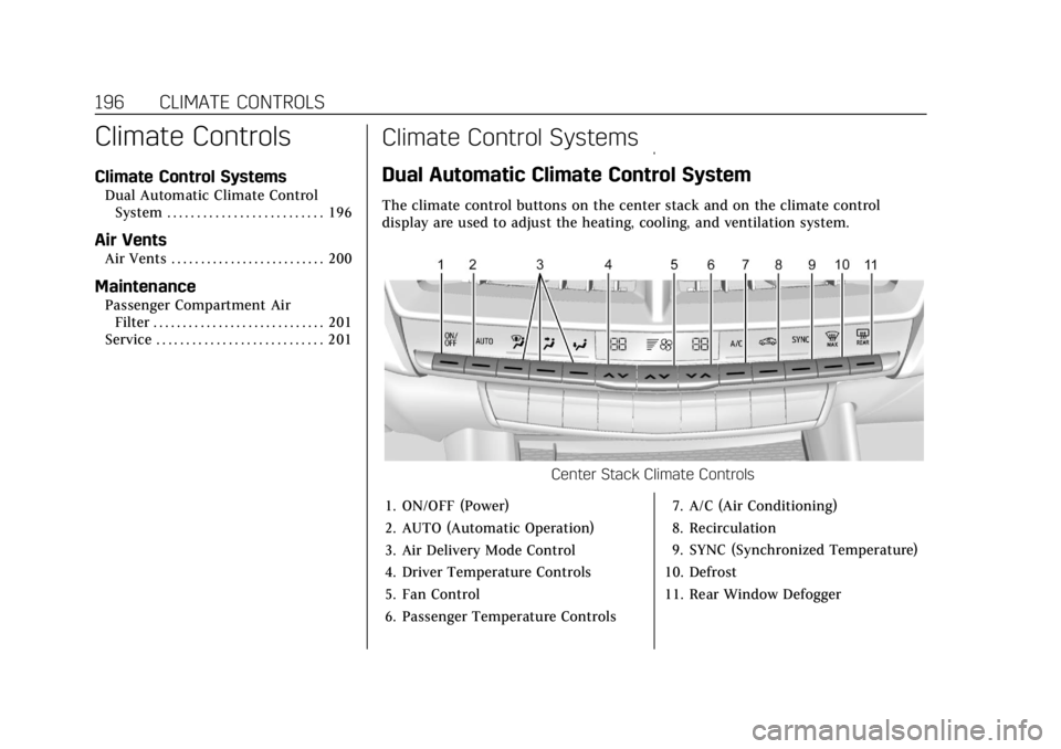 CADILLAC CT4 2021  Owners Manual Cadillac CT4 Owner Manual (GMNA-Localizing-U.S./Canada-14584335) -
2021 - CRC - 11/23/20
196 CLIMATE CONTROLS
Climate Controls
Climate Control Systems
Dual Automatic Climate ControlSystem . . . . . . 