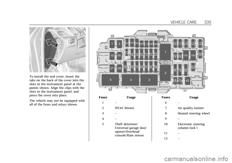 CADILLAC CT4 2021  Owners Manual Cadillac CT4 Owner Manual (GMNA-Localizing-U.S./Canada-14584335) -
2021 - CRC - 11/23/20
VEHICLE CARE 335
To install the end cover, insert the
tabs on the back of the cover into the
slots in the instr