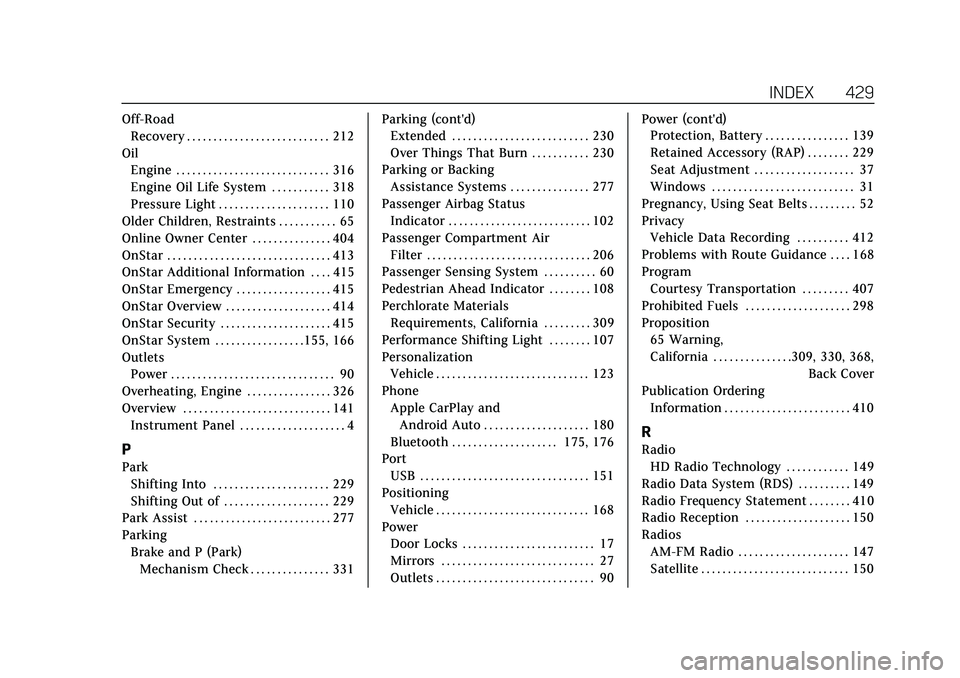 CADILLAC CT5 2021  Owners Manual Cadillac CT5 Owner Manual (GMNA-Localizing-U.S./Canada-14584312) -
2021 - CRC - 11/23/20
INDEX 429
Off-RoadRecovery . . . . . . . . . . . . . . . . . . . . . . . . . . . 212
Oil Engine . . . . . . . .