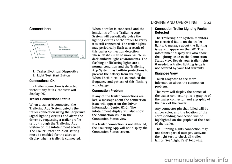 CADILLAC ESCALADE 2021 Owners Manual Cadillac Escalade Owner Manual (GMNA-Localizing-U.S./Canada/Mexico-
13690472) - 2021 - CRC - 8/10/21
DRIVING AND OPERATING 353
Connections
1. Trailer Electrical Diagnostics
2. Light Test Start Button
CADILLAC ESCALADE 2021 Owners Manual Cadillac Escalade Owner Manual (GMNA-Localizing-U.S./Canada/Mexico-
13690472) - 2021 - CRC - 8/10/21
DRIVING AND OPERATING 353
Connections
1. Trailer Electrical Diagnostics
2. Light Test Start Button
