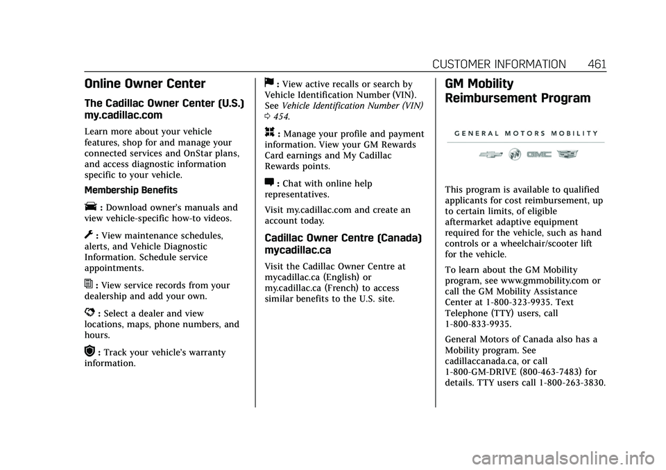 CADILLAC ESCALADE 2021 Owners Guide Cadillac Escalade Owner Manual (GMNA-Localizing-U.S./Canada/Mexico-
13690472) - 2021 - CRC - 8/10/21
CUSTOMER INFORMATION 461
Online Owner Center
The Cadillac Owner Center (U.S.)
my.cadillac.com
Learn CADILLAC ESCALADE 2021 Owners Guide Cadillac Escalade Owner Manual (GMNA-Localizing-U.S./Canada/Mexico-
13690472) - 2021 - CRC - 8/10/21
CUSTOMER INFORMATION 461
Online Owner Center
The Cadillac Owner Center (U.S.)
my.cadillac.com
Learn