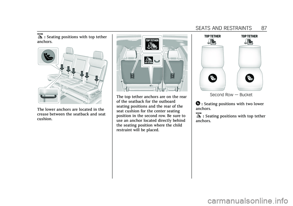 CADILLAC ESCALADE 2021 Manual Online Cadillac Escalade Owner Manual (GMNA-Localizing-U.S./Canada/Mexico-
13690472) - 2021 - CRC - 8/10/21
SEATS AND RESTRAINTS 87
}:Seating positions with top tether
anchors.
The lower anchors are located CADILLAC ESCALADE 2021 Manual Online Cadillac Escalade Owner Manual (GMNA-Localizing-U.S./Canada/Mexico-
13690472) - 2021 - CRC - 8/10/21
SEATS AND RESTRAINTS 87
}:Seating positions with top tether
anchors.
The lower anchors are located