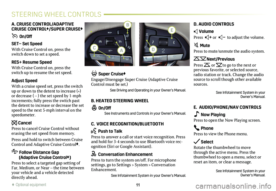 CADILLAC ESCALADE 2021  Convenience & Personalization Guide 11
STEERING WHEEL CONTROLS
A. CRUISE CONTROL/ADAPTIVE CRUISE CONTROL♦/SUPER CRUISE♦
 On/Off
SET– Set Speed
With	Cruise	 Control	 on,	press	 the	 switch down to set a speed.
RES+ Resume Speed
Wit