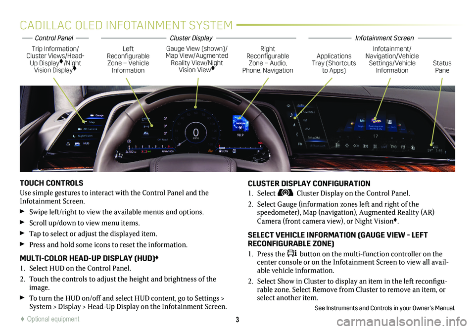 CADILLAC ESCALADE 2021  Convenience & Personalization Guide 3
CADILLAC OLED INFOTAINMENT SYSTEM
TOUCH CONTROLS
Use simple gestures to interact with the Control Panel and the Infotainment Screen.
	 Swipe	left/right	 to	view	 the	available	 menus	and	options.
	 