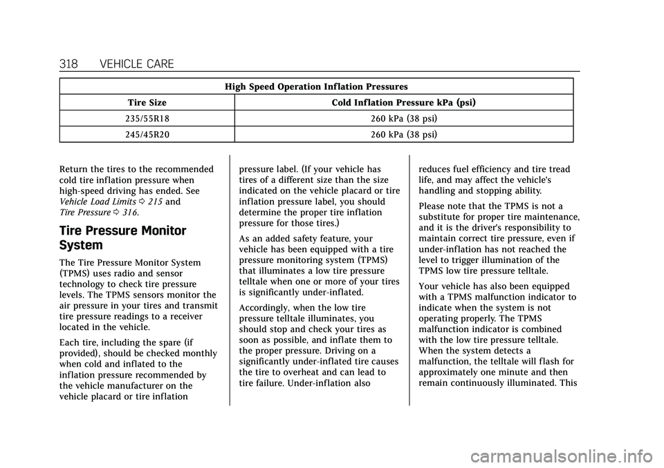 CADILLAC XT4 2021  Owners Manual Cadillac XT4 Owner Manual (GMNA-Localizing-U.S./Canada/Mexico-
14584367) - 2021 - CRC - 10/14/20
318 VEHICLE CARE
High Speed Operation Inf lation Pressures
Tire Size Cold Inf lation Pressure kPa (psi)