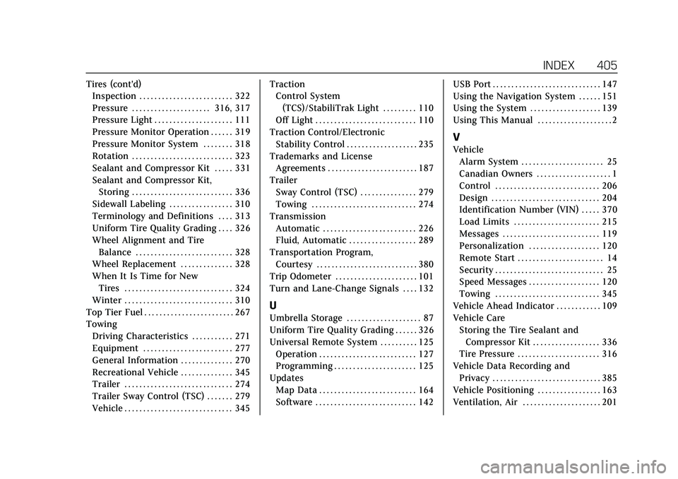 CADILLAC XT4 2021  Owners Manual Cadillac XT4 Owner Manual (GMNA-Localizing-U.S./Canada/Mexico-
14584367) - 2021 - CRC - 10/14/20
INDEX 405
Tires (cont'd)Inspection . . . . . . . . . . . . . . . . . . . . . . . . . 322
Pressure .