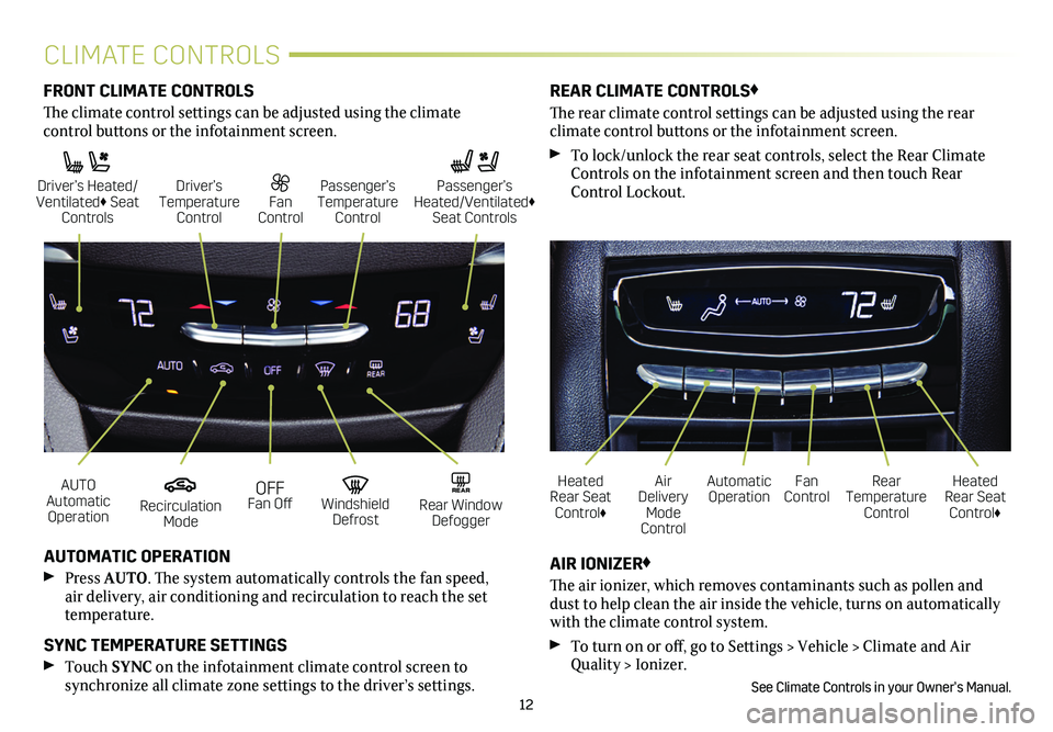 CADILLAC XT5 2021 Convenience & Personalization Guide 12
CLIMATE CONTROLS
AUTO Automatic Operation
Driver’s Heated/ Ventilated♦ Seat Controls
OFF Fan Off
Fan Control
Recirculation Mode
Driver’s Temperature Control
Windshield Defrost
Passengerâ CADILLAC XT5 2021 Convenience & Personalization Guide 12
CLIMATE CONTROLS
AUTO Automatic Operation
Driver’s Heated/ Ventilated♦ Seat Controls
OFF Fan Off
Fan Control
Recirculation Mode
Driver’s Temperature Control
Windshield Defrost
Passengerâ