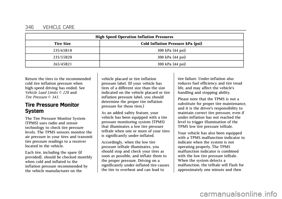 CADILLAC XT6 2021 Owners Manual Cadillac XT6 Owner Manual (GMNA-Localizing-U.S./Canada-14574701) -
2021 - CRC - 2/8/21
346 VEHICLE CARE
High Speed Operation Inf lation Pressures
Tire Size Cold Inf lation Pressure kPa (psi)
235/65R18 CADILLAC XT6 2021 Owners Manual Cadillac XT6 Owner Manual (GMNA-Localizing-U.S./Canada-14574701) -
2021 - CRC - 2/8/21
346 VEHICLE CARE
High Speed Operation Inf lation Pressures
Tire Size Cold Inf lation Pressure kPa (psi)
235/65R18