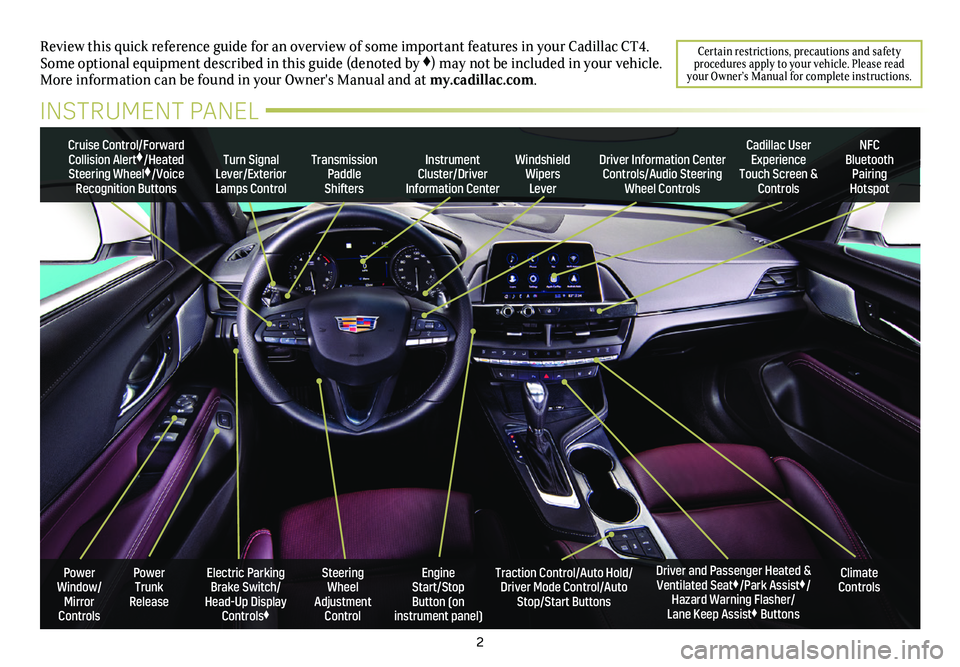 CADILLAC CT4 2020  Convenience & Personalization Guide 2
Review this quick reference guide for an overview of some important feat\
ures in your Cadillac CT4. Some optional equipment described in this guide (denoted by ♦) may not be included in your vehi