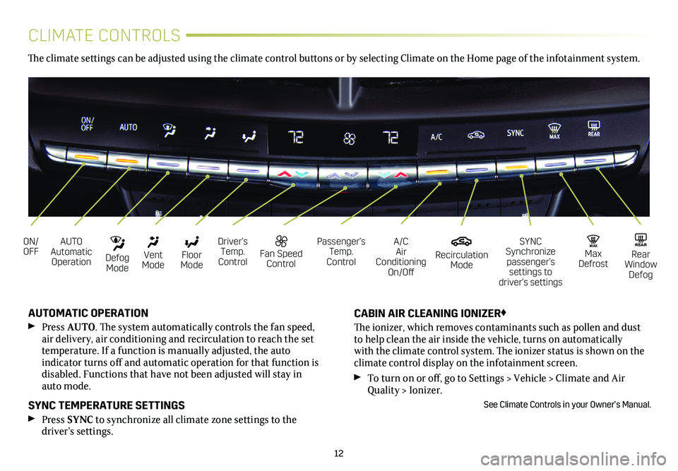 CADILLAC CT4 2020  Convenience & Personalization Guide 12
CLIMATE CONTROLS
AUTO Automatic Operation
ON/OFFA/C Air Conditioning On/Off
Driver’s Temp. Control
SYNC Synchronize passenger’s settings to driver’s settings
  Floor Mode
  Vent Mode
  Defog 