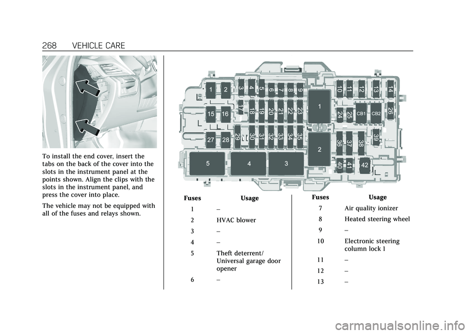 CADILLAC CT5 2020 Owners Guide Cadillac CT5 Owner Manual (GMNA-Localizing-U.S./Canada-13060105) -
2020 - CRC - 2/14/20
268 VEHICLE CARE
To install the end cover, insert the
tabs on the back of the cover into the
slots in the instru