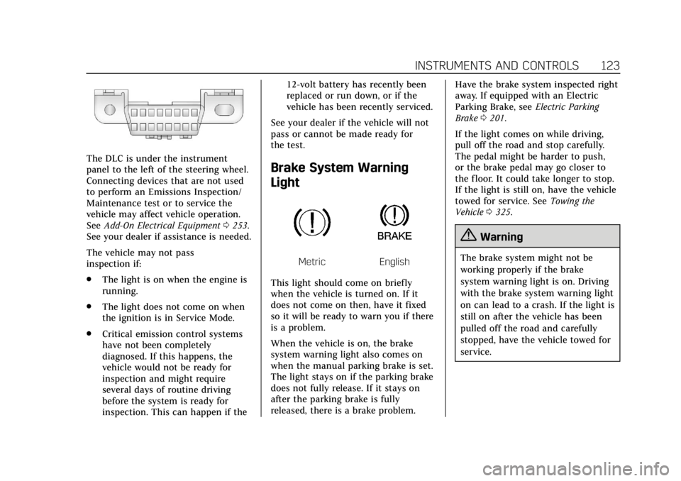 CADILLAC ESCALADE 2020  Owners Manual Cadillac Escalade Owner Manual (GMNA-Localizing-U.S./Canada/Mexico-
13566588) - 2020 - CRC - 4/24/19
INSTRUMENTS AND CONTROLS 123
The DLC is under the instrument
panel to the left of the steering whee