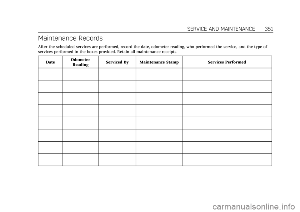 CADILLAC ESCALADE 2020  Owners Manual Cadillac Escalade Owner Manual (GMNA-Localizing-U.S./Canada/Mexico-
13566588) - 2020 - CRC - 4/24/19
SERVICE AND MAINTENANCE 351
Maintenance Records
After the scheduled services are performed, record 