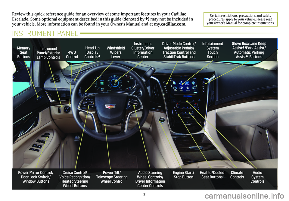 CADILLAC ESCALADE 2020  Convenience & Personalization Guide 2
Review this quick reference guide for an overview of some important feat\
ures in your Cadillac Escalade. Some optional equipment described in this guide (denoted by ♦) may not be included in your