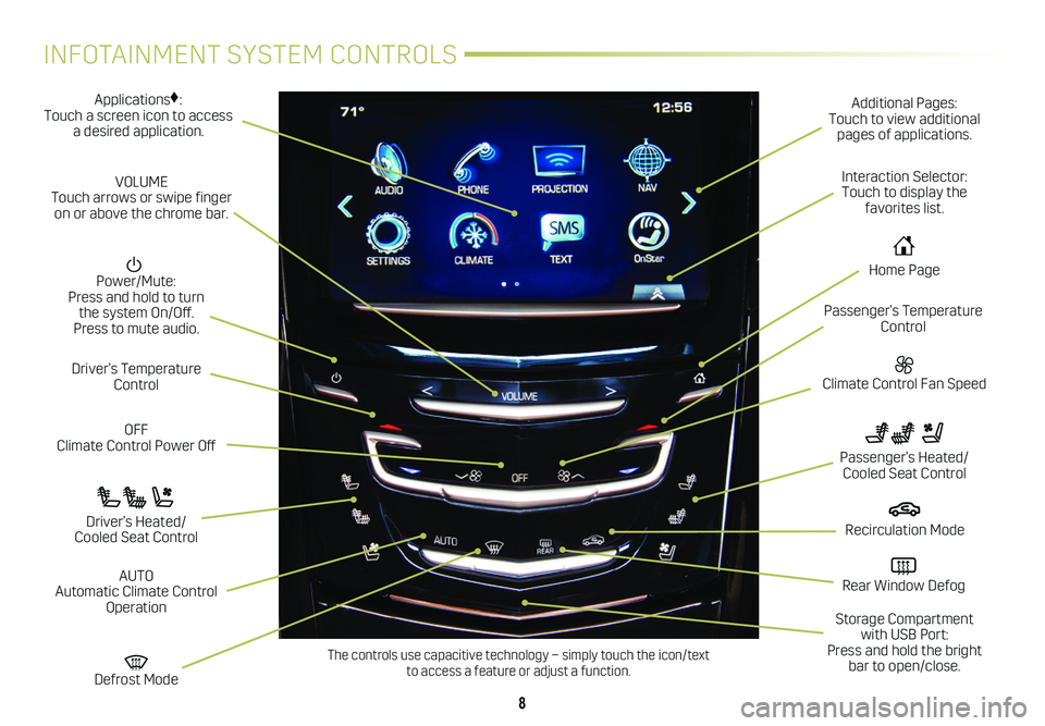 CADILLAC ESCALADE 2020  Convenience & Personalization Guide 8
INFOTAINMENT SYSTEM CONTROLS
Applications♦: Touch a screen icon to access a desired application.
  Power/Mute: Press and hold to turn  the system On/Off.  Press to mute audio.
OFF Climate Control 