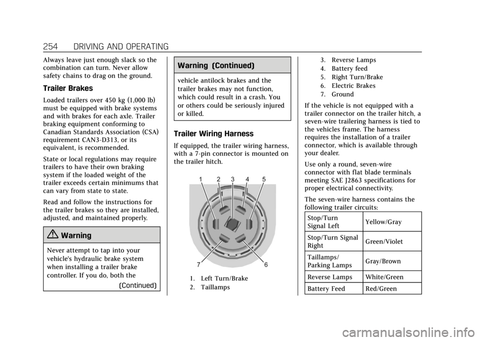CADILLAC XT6 2020 Owners Manual Cadillac XT6 Owner Manual (GMNA-Localizing-U.S./Canada-12984300) -
2020 - CRC - 3/19/19
254 DRIVING AND OPERATING
Always leave just enough slack so the
combination can turn. Never allow
safety chains CADILLAC XT6 2020 Owners Manual Cadillac XT6 Owner Manual (GMNA-Localizing-U.S./Canada-12984300) -
2020 - CRC - 3/19/19
254 DRIVING AND OPERATING
Always leave just enough slack so the
combination can turn. Never allow
safety chains