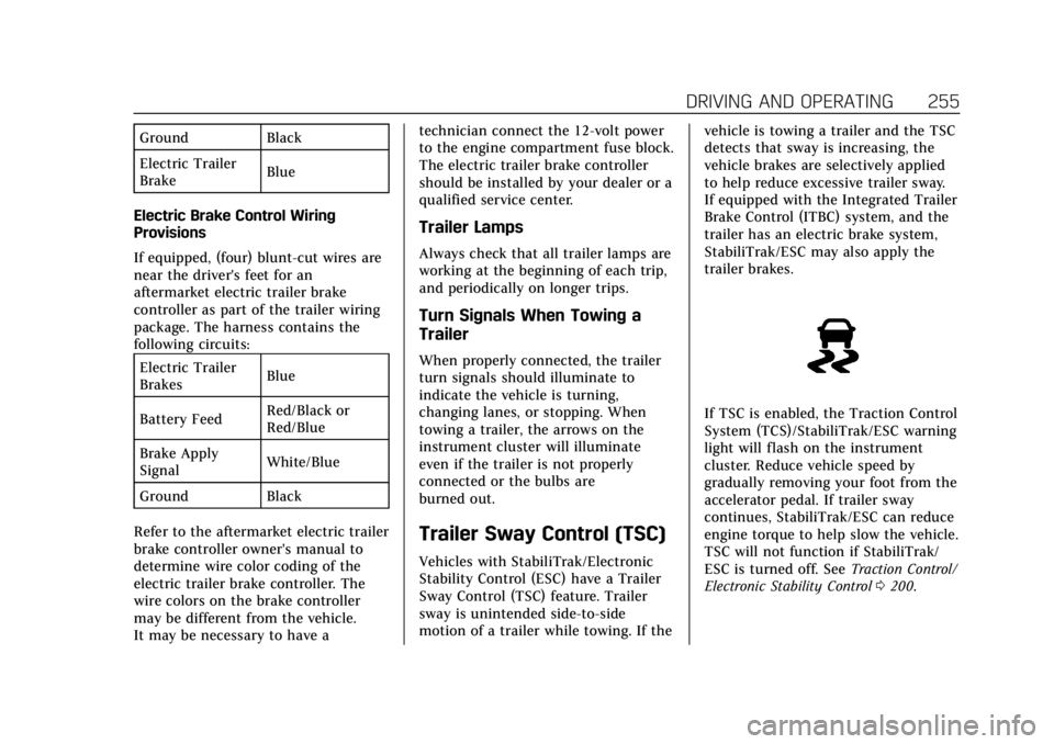 CADILLAC XT6 2020 Owners Guide Cadillac XT6 Owner Manual (GMNA-Localizing-U.S./Canada-12984300) -
2020 - CRC - 3/19/19
DRIVING AND OPERATING 255
Ground Black
Electric Trailer
BrakeBlue
Electric Brake Control Wiring
Provisions
If eq