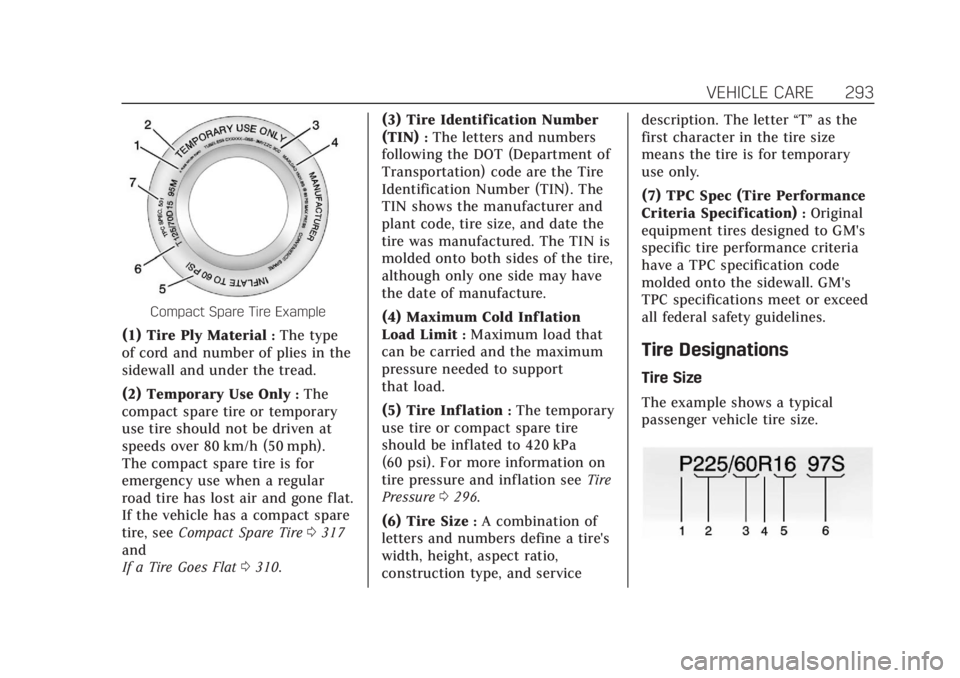 CADILLAC XT6 2020  Owners Manual Cadillac XT6 Owner Manual (GMNA-Localizing-U.S./Canada-12984300) -
2020 - CRC - 3/19/19
VEHICLE CARE 293
Compact Spare Tire Example
(1) Tire Ply Material:The type
of cord and number of plies in the
si