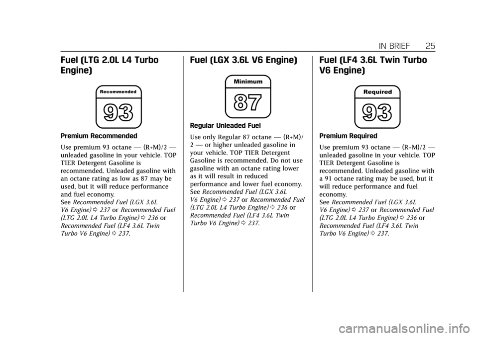 CADILLAC ATS 2019 Owners Guide Cadillac ATS/ATS-V Owner Manual (GMNA-Localizing-U.S./Canada/Mexico-
12460272) - 2019 - crc - 5/8/18
IN BRIEF 25
Fuel (LTG 2.0L L4 Turbo
Engine)
Premium Recommended
Use premium 93 octane—(R+M)/2 —