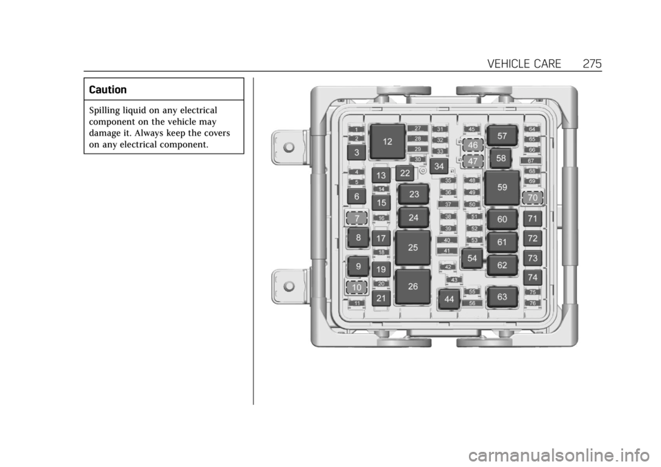CADILLAC ATS 2019 Owners Manual Cadillac ATS/ATS-V Owner Manual (GMNA-Localizing-U.S./Canada/Mexico-
12460272) - 2019 - crc - 5/8/18
VEHICLE CARE 275
Caution
Spilling liquid on any electrical
component on the vehicle may
damage it. CADILLAC ATS 2019 Owners Manual Cadillac ATS/ATS-V Owner Manual (GMNA-Localizing-U.S./Canada/Mexico-
12460272) - 2019 - crc - 5/8/18
VEHICLE CARE 275
Caution
Spilling liquid on any electrical
component on the vehicle may
damage it.