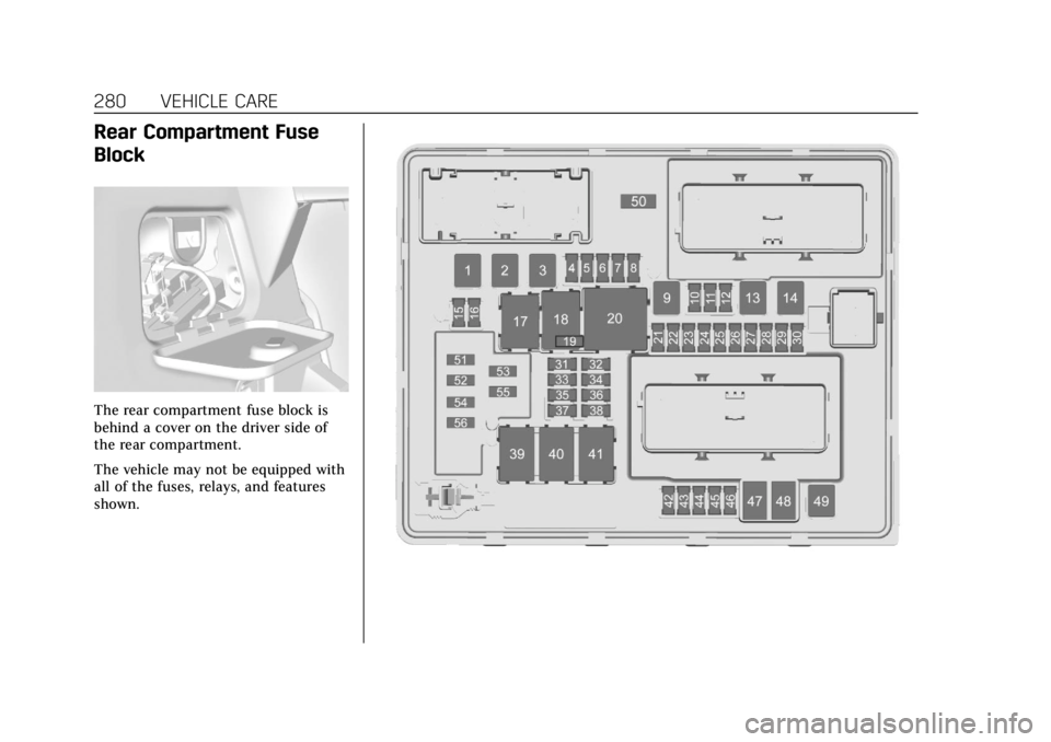 CADILLAC ATS 2019 Owners Manual Cadillac ATS/ATS-V Owner Manual (GMNA-Localizing-U.S./Canada/Mexico-
12460272) - 2019 - crc - 5/8/18
280 VEHICLE CARE
Rear Compartment Fuse
Block
The rear compartment fuse block is
behind a cover on t CADILLAC ATS 2019 Owners Manual Cadillac ATS/ATS-V Owner Manual (GMNA-Localizing-U.S./Canada/Mexico-
12460272) - 2019 - crc - 5/8/18
280 VEHICLE CARE
Rear Compartment Fuse
Block
The rear compartment fuse block is
behind a cover on t