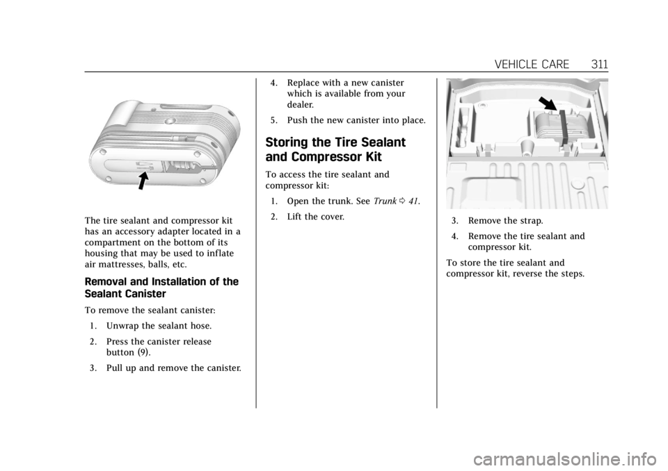 CADILLAC ATS 2019  Owners Manual Cadillac ATS/ATS-V Owner Manual (GMNA-Localizing-U.S./Canada/Mexico-
12460272) - 2019 - crc - 5/8/18
VEHICLE CARE 311
The tire sealant and compressor kit
has an accessory adapter located in a
compartm