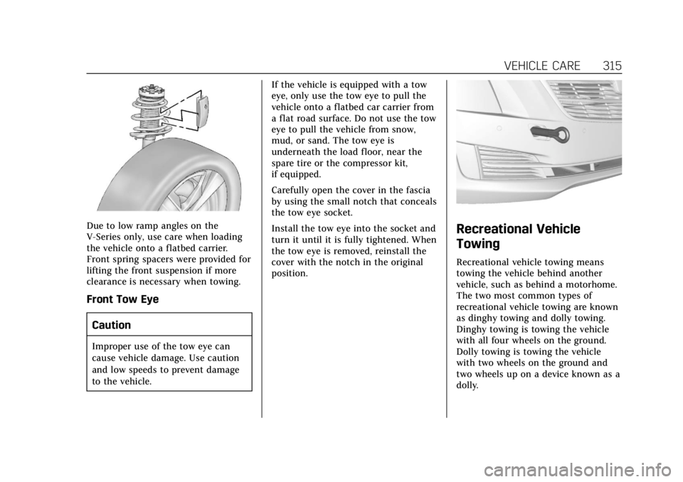 CADILLAC ATS 2019  Owners Manual Cadillac ATS/ATS-V Owner Manual (GMNA-Localizing-U.S./Canada/Mexico-
12460272) - 2019 - crc - 5/8/18
VEHICLE CARE 315
Due to low ramp angles on the
V-Series only, use care when loading
the vehicle ont