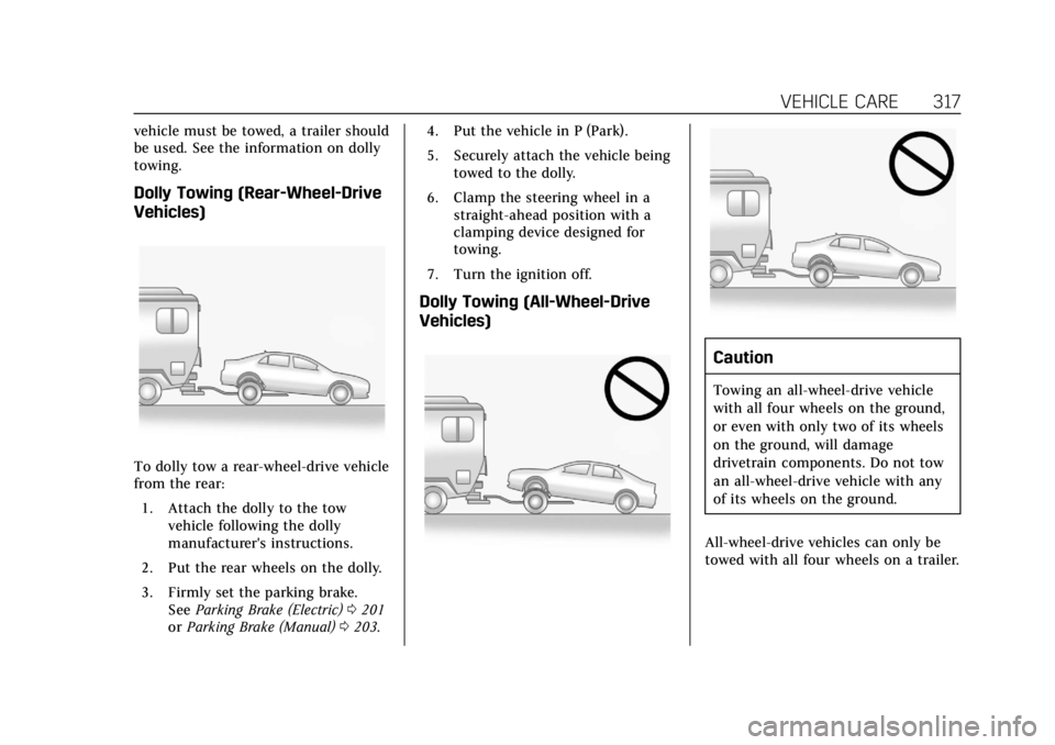 CADILLAC ATS 2019  Owners Manual Cadillac ATS/ATS-V Owner Manual (GMNA-Localizing-U.S./Canada/Mexico-
12460272) - 2019 - crc - 5/8/18
VEHICLE CARE 317
vehicle must be towed, a trailer should
be used. See the information on dolly
towi