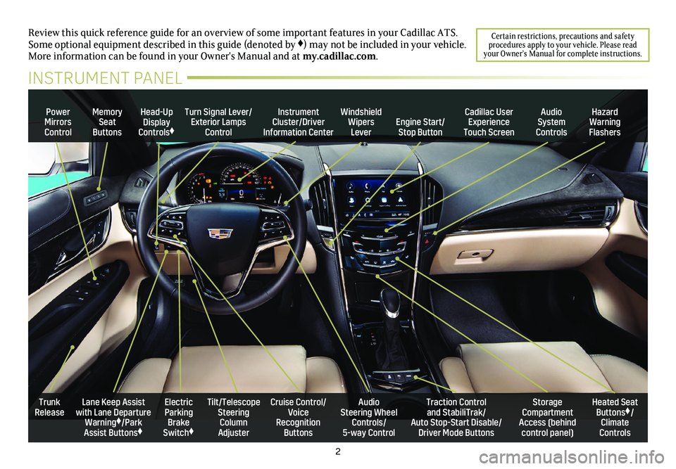 CADILLAC ATS 2019  Convenience & Personalization Guide 2
Review this quick reference guide for an overview of some important feat\
ures in your Cadillac ATS. Some optional equipment described in this guide (denoted by ♦) may not be included in your vehi