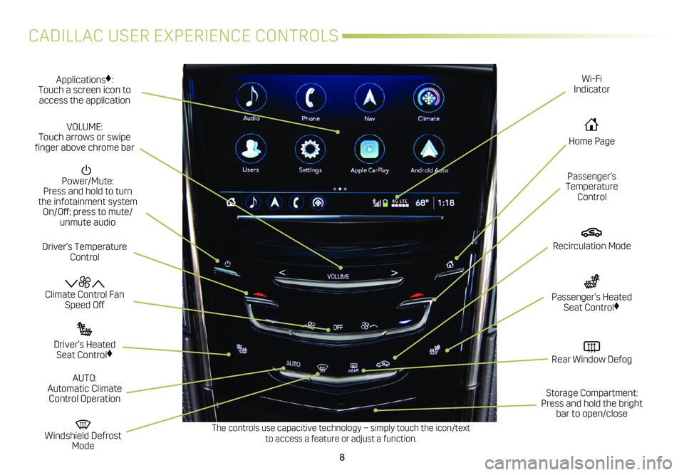 CADILLAC ATS 2019  Convenience & Personalization Guide 8
CADILLAC USER EXPERIENCE CONTROLS
Applications♦: Touch a screen icon to access the application
Wi-Fi Indicator
  Power/Mute: Press and hold to turn  the infotainment system On/Off; press to mute/u