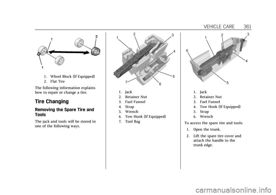 CADILLAC CT6 2019 Service Manual Cadillac CT6 Owner Manual (GMNA-Localizing-U.S./Canada-12533370) -
2019 - crc - 1/23/19
VEHICLE CARE 361
1. Wheel Block (If Equipped)
2. Flat Tire
The following information explains
how to repair or c CADILLAC CT6 2019 Service Manual Cadillac CT6 Owner Manual (GMNA-Localizing-U.S./Canada-12533370) -
2019 - crc - 1/23/19
VEHICLE CARE 361
1. Wheel Block (If Equipped)
2. Flat Tire
The following information explains
how to repair or c