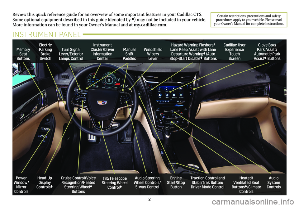 CADILLAC CTS 2019  Convenience & Personalization Guide 2
Review this quick reference guide for an overview of some important feat\
ures in your Cadillac CTS. Some optional equipment described in this guide (denoted by ♦) may not be included in your vehi