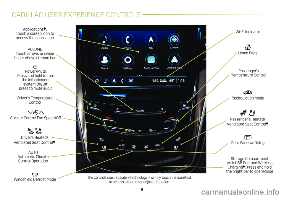 CADILLAC CTS 2019  Convenience & Personalization Guide 8
CADILLAC USER EXPERIENCE CONTROLS
Applications♦: Touch a screen icon to access the application
  Climate Control Fan Speed/Off
  Windshield Defrost Mode
Driver’s Temperature Control
Wi-Fi Indica