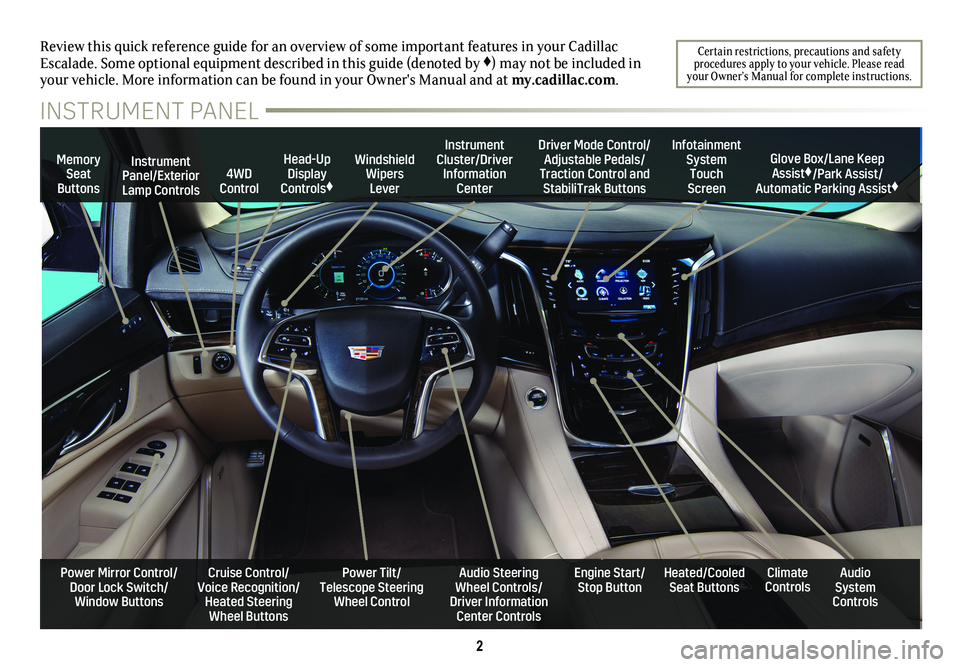 CADILLAC ESCALADE 2019  Convenience & Personalization Guide 2
Review this quick reference guide for an overview of some important features in your Cadillac  
Escalade. Some optional equipment described in this guide (denoted by ♦) may not be included in 
you