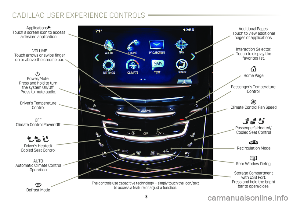 CADILLAC ESCALADE 2019  Convenience & Personalization Guide 8
CADILLAC USER EXPERIENCE  CONTROLS
Applications♦: 
Touch a screen icon to access  a desired application.
  
Power/Mute:  
Press and hold to turn   
the system On/Off.   
Press to mute audio.
OFF 
