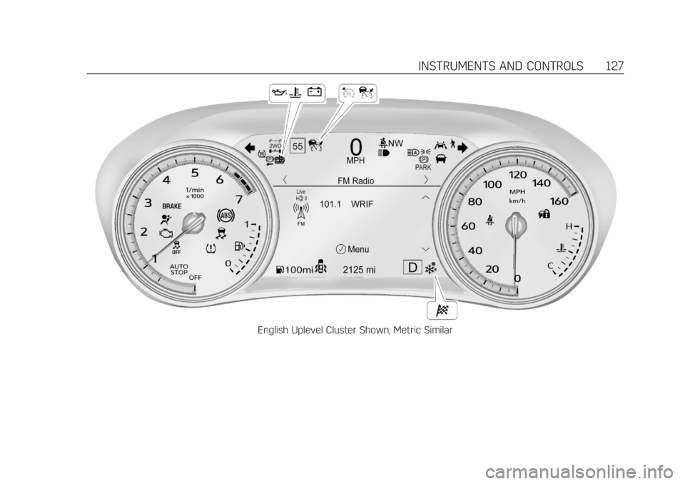 CADILLAC XT4 2019 Service Manual Cadillac XT4 Owner Manual (GMNA-Localizing-U.S./Canada/Mexico-
12017481) - 2019 - CRC - 11/5/18
INSTRUMENTS AND CONTROLS 127
English Uplevel Cluster Shown, Metric Similar CADILLAC XT4 2019 Service Manual Cadillac XT4 Owner Manual (GMNA-Localizing-U.S./Canada/Mexico-
12017481) - 2019 - CRC - 11/5/18
INSTRUMENTS AND CONTROLS 127
English Uplevel Cluster Shown, Metric Similar