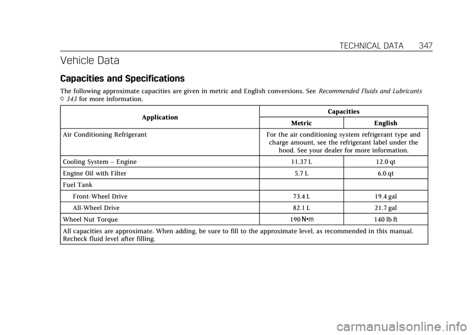 CADILLAC XT5 2019  Owners Manual Cadillac XT5 Owner Manual (GMNA-Localizing-U.S./Canada/Mexico-
12146119) - 2019 - crc - 7/27/18
TECHNICAL DATA 347
Vehicle Data
Capacities and Specifications
The following approximate capacities are g