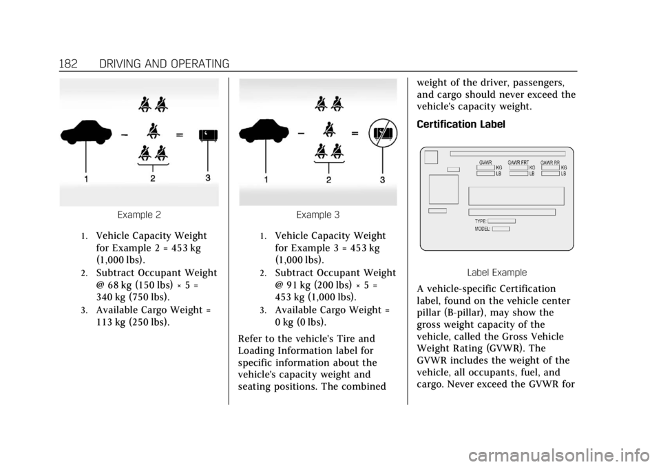 CADILLAC ATS 2018  Owners Manual Cadillac XTS Owner Manual (GMNA-Localizing-U.S./Canada-12032610) -
2019 - crc - 8/22/18
182 DRIVING AND OPERATING
Example 2
1.Vehicle Capacity Weight
for Example 2 = 453 kg
(1,000 lbs).
2.Subtract Occ