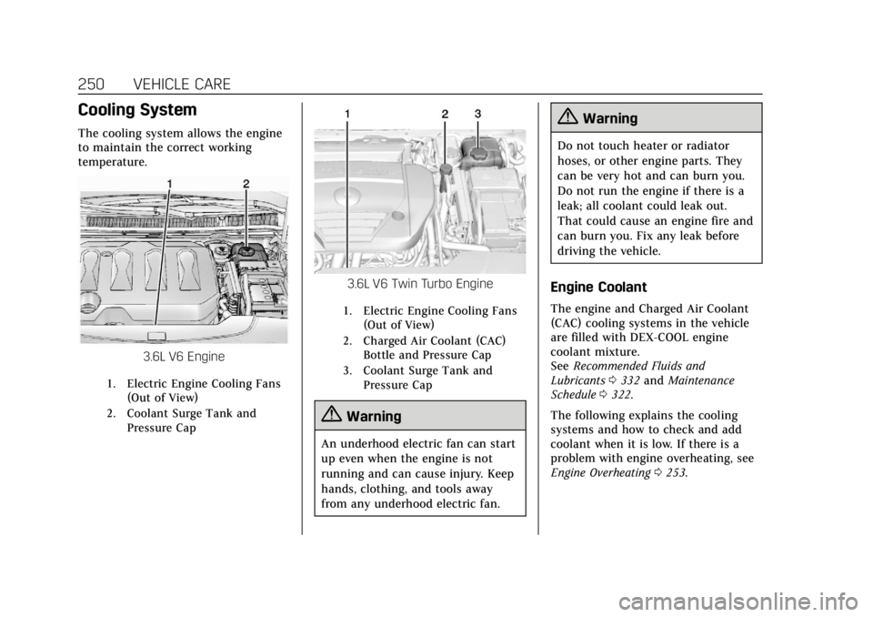 CADILLAC XTS 2019 Owners Guide Cadillac XTS Owner Manual (GMNA-Localizing-U.S./Canada-12032610) -
2019 - crc - 8/22/18
250 VEHICLE CARE
Cooling System
The cooling system allows the engine
to maintain the correct working
temperature CADILLAC XTS 2019 Owners Guide Cadillac XTS Owner Manual (GMNA-Localizing-U.S./Canada-12032610) -
2019 - crc - 8/22/18
250 VEHICLE CARE
Cooling System
The cooling system allows the engine
to maintain the correct working
temperature