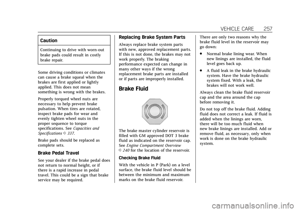 CADILLAC XTS 2019 Owners Guide Cadillac XTS Owner Manual (GMNA-Localizing-U.S./Canada-12032610) -
2019 - crc - 8/22/18
VEHICLE CARE 257
Caution
Continuing to drive with worn-out
brake pads could result in costly
brake repair.
Some CADILLAC XTS 2019 Owners Guide Cadillac XTS Owner Manual (GMNA-Localizing-U.S./Canada-12032610) -
2019 - crc - 8/22/18
VEHICLE CARE 257
Caution
Continuing to drive with worn-out
brake pads could result in costly
brake repair.
Some